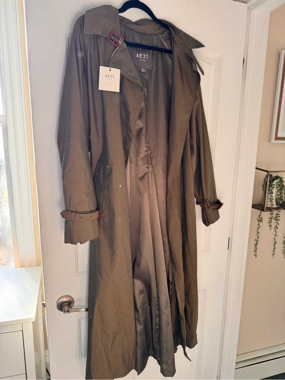 American Eagle Premium Line Olive Green Trench Coat with Brown Buckle Detail